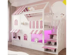 Beliche infantil - 90 x 200 cm - formato de casinha com janelas + escada com espaço para guardar coisas + luzes de LED + prateleiras - madeira - branco + rosa