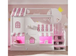 Beliche infantil - 90 x 200 cm - formato de casinha com janelas + escada com espaço para guardar coisas + luzes de LED + prateleiras - madeira - branco + rosa