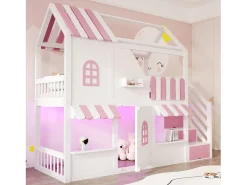 Beliche infantil - 90 x 200 cm - formato de casinha com janelas + escada com espaço para guardar coisas + luzes de LED + prateleiras - madeira - branco + rosa