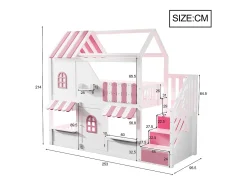 Beliche infantil - 90 x 200 cm - formato de casinha com janelas + escada com espaço para guardar coisas + luzes de LED + prateleiras - madeira - branco + rosa
