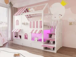 Beliche infantil - 90 x 200 cm - formato de casinha com janelas + escada com espaço para guardar coisas + luzes de LED + prateleiras - madeira - branco + rosa