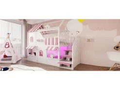 Beliche infantil - 90 x 200 cm - formato de casinha com janelas + escada com espaço para guardar coisas + luzes de LED + prateleiras - madeira - branco + rosa