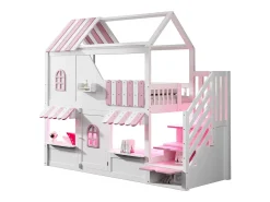 Beliche infantil - 90 x 200 cm - formato de casinha com janelas + escada com espaço para guardar coisas + luzes de LED + prateleiras - madeira - branco + rosa