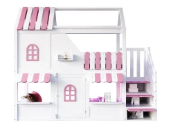 Beliche infantil - 90 x 200 cm - formato de casinha com janelas + escada com espaço para guardar coisas + luzes de LED + prateleiras - madeira - branco + rosa