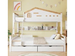 Beliche infantil - 90 x 200 cm + 140 x 200 cm - com grade de segurança + 2 gavetas - pinho + MDF - branco + natural