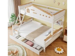 Beliche infantil - 90 x 200 cm + 140 x 200 cm - com grade de segurança + 2 gavetas - pinho + MDF - branco + natural