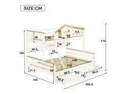 Beliche infantil - 90 x 200 cm + 140 x 200 cm - com grade de segurança + 2 gavetas - pinho + MDF - branco + natural