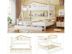 Beliche infantil - 90 x 200 cm + 140 x 200 cm - com grade de segurança + 2 gavetas - pinho + MDF - branco + natural