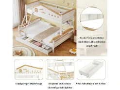 Beliche infantil - 90 x 200 cm + 140 x 200 cm - com grade de segurança + 2 gavetas - pinho + MDF - branco + natural