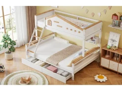 Beliche infantil - 90 x 200 cm + 140 x 200 cm - com grade de segurança + 2 gavetas - pinho + MDF - branco + natural