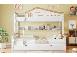 Beliche infantil - 90 x 200 cm + 140 x 200 cm - com grade de segurança + 2 gavetas - pinho + MDF - branco + natural
