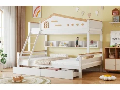 Beliche infantil - 90 x 200 cm + 140 x 200 cm - com grade de segurança + 2 gavetas - pinho + MDF - branco + natural