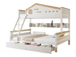 Beliche infantil - 90 x 200 cm + 140 x 200 cm - com grade de segurança + 2 gavetas - pinho + MDF - branco + natural