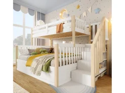 Beliche infantil - 90 x 200 cm + 140 x 200 cm - com arrumação hidráulica e escada de arrumação - madeira - branco + natural