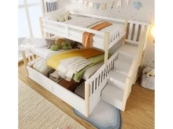 Beliche infantil - 90 x 200 cm + 140 x 200 cm - com arrumação hidráulica e escada de arrumação - madeira - branco + natural