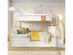 Beliche infantil - 90 x 200 cm + 140 x 200 cm - com arrumação hidráulica e escada de arrumação - madeira - branco + natural