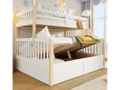 Beliche infantil - 90 x 200 cm + 140 x 200 cm - com arrumação hidráulica e escada de arrumação - madeira - branco + natural