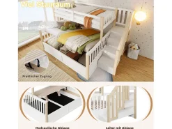 Beliche infantil - 90 x 200 cm + 140 x 200 cm - com arrumação hidráulica e escada de arrumação - madeira - branco + natural