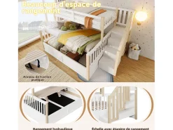 Beliche infantil - 90 x 200 cm + 140 x 200 cm - com arrumação hidráulica e escada de arrumação - madeira - branco + natural