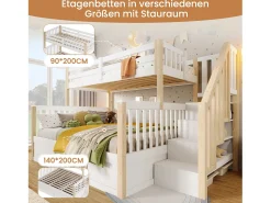 Beliche infantil - 90 x 200 cm + 140 x 200 cm - com arrumação hidráulica e escada de arrumação - madeira - branco + natural