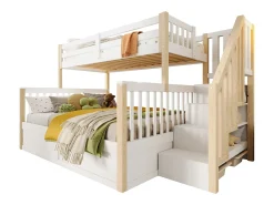 Beliche infantil - 90 x 200 cm + 140 x 200 cm - com arrumação hidráulica e escada de arrumação - madeira - branco + natural