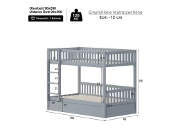 Beliche Infantil - 2 x 90 x 200 cm - com Arrumação Hidráulica - Resistente e Durável - Pinho + Contraplacado + MDF - Cinza