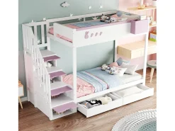 Beliche infantil - 2 x 90 x 200 cm - com escada de armazenamento + 2 gavetas - madeira - branco + rosa