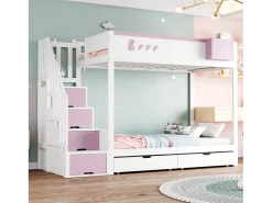 Beliche infantil - 2 x 90 x 200 cm - com escada de armazenamento + 2 gavetas - madeira - branco + rosa