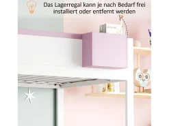 Beliche infantil - 2 x 90 x 200 cm - com escada de armazenamento + 2 gavetas - madeira - branco + rosa