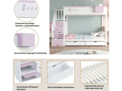 Beliche infantil - 2 x 90 x 200 cm - com escada de armazenamento + 2 gavetas - madeira - branco + rosa