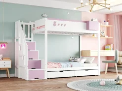 Beliche infantil - 2 x 90 x 200 cm - com escada de armazenamento + 2 gavetas - madeira - branco + rosa