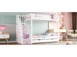 Beliche infantil - 2 x 90 x 200 cm - com escada de armazenamento + 2 gavetas - madeira - branco + rosa