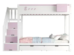 Beliche infantil - 2 x 90 x 200 cm - com escada de armazenamento + 2 gavetas - madeira - branco + rosa