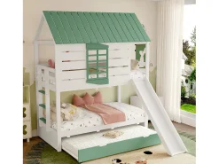 Beliche infantil - 2 x 90 x 200 cm + 90 x 190 cm - com escorregador + cama de solteiro - MDF + pinho - verde