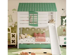 Beliche infantil - 2 x 90 x 200 cm + 90 x 190 cm - com escorregador + cama de solteiro - MDF + pinho - verde