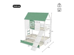 Beliche infantil - 2 x 90 x 200 cm + 90 x 190 cm - com escorregador + cama de solteiro - MDF + pinho - verde