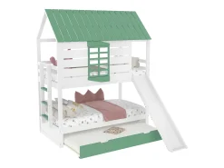 Beliche infantil - 2 x 90 x 200 cm + 90 x 190 cm - com escorregador + cama de solteiro - MDF + pinho - verde