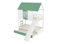 Beliche infantil - 2 x 90 x 200 cm + 90 x 190 cm - com escorregador + cama de solteiro - MDF + pinho - verde