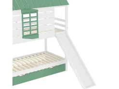 Beliche infantil - 2 x 90 x 200 cm + 90 x 190 cm - com escorregador + cama de solteiro - MDF + pinho - verde