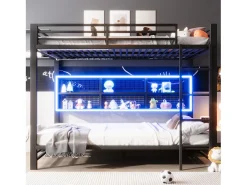 Beliche infantil - 2 x 140 x 200 cm - com prateleira de arrumação + luzes LED - metal - preto