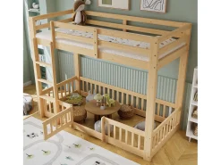 Beliche infantil - 2 x 90 x 200 cm - com escada em ângulo reto + corrimão + porta natural - madeira - natural