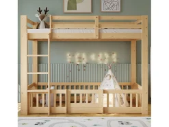 Beliche infantil - 2 x 90 x 200 cm - com escada em ângulo reto + corrimão + porta natural - madeira - natural