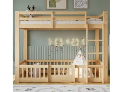 Beliche infantil - 2 x 90 x 200 cm - com escada em ângulo reto + corrimão + porta natural - madeira - natural