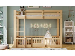 Beliche infantil - 2 x 90 x 200 cm - com escada em ângulo reto + corrimão + porta natural - madeira - natural