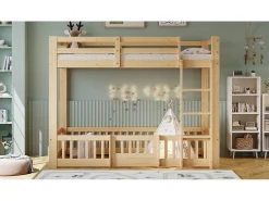 Beliche infantil - 2 x 90 x 200 cm - com escada em ângulo reto + corrimão + porta natural - madeira - natural