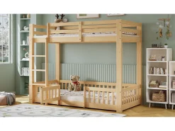 Beliche infantil - 2 x 90 x 200 cm - com escada em ângulo reto + corrimão + porta natural - madeira - natural