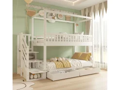 Beliche infantil 90×200 cm - design com barreira de segurança - com 2 gavetas - escada de segurança - branco