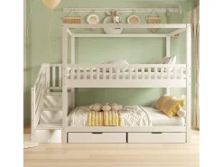 Beliche infantil 90×200 cm - design com barreira de segurança - com 2 gavetas - escada de segurança - branco