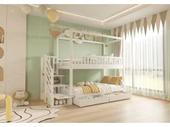 Beliche infantil 90×200 cm - design com barreira de segurança - com 2 gavetas - escada de segurança - branco