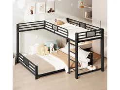 Beliche infantil em metal em formato de L - 90 x 200 cm + 140 x 200 cm - metal - preto